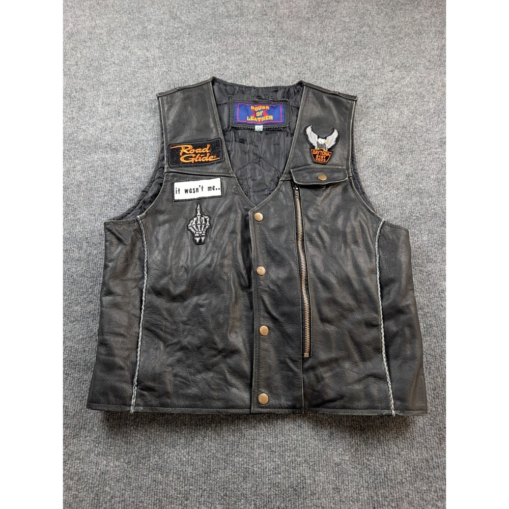 House of Leather Biker Vest Size 42 Mens Black Patches Daytona Lone Wolf Cross